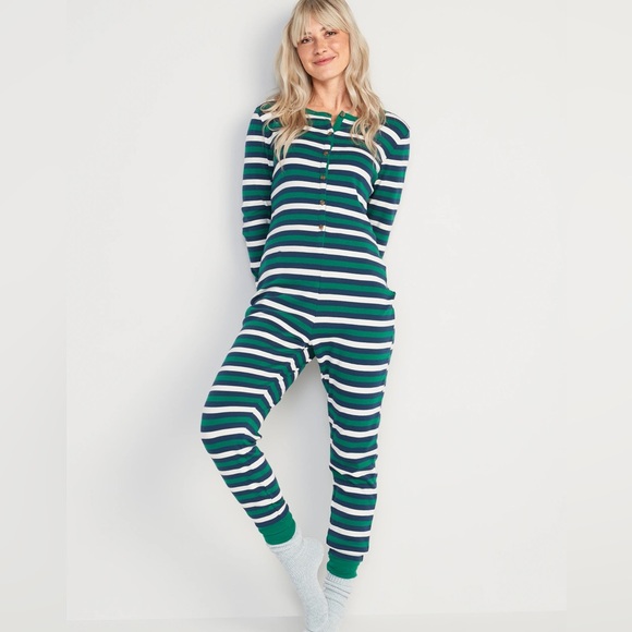 NWT New Old Navy Green Blue White Stripe Matching Family One Piece Pajamas PJ XS - Picture 1 of 4